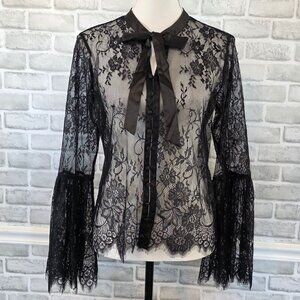 Venus Black Floral Lace Top Bell Sleeve Tie Neck Dark Fairy Whimsigoth Goth 12
